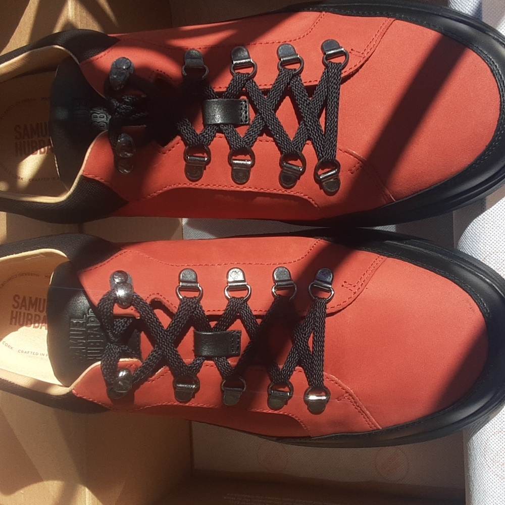 Brand new, never worn size 12 W, suede brown and blackrim. Samuel Hubbard shoes.